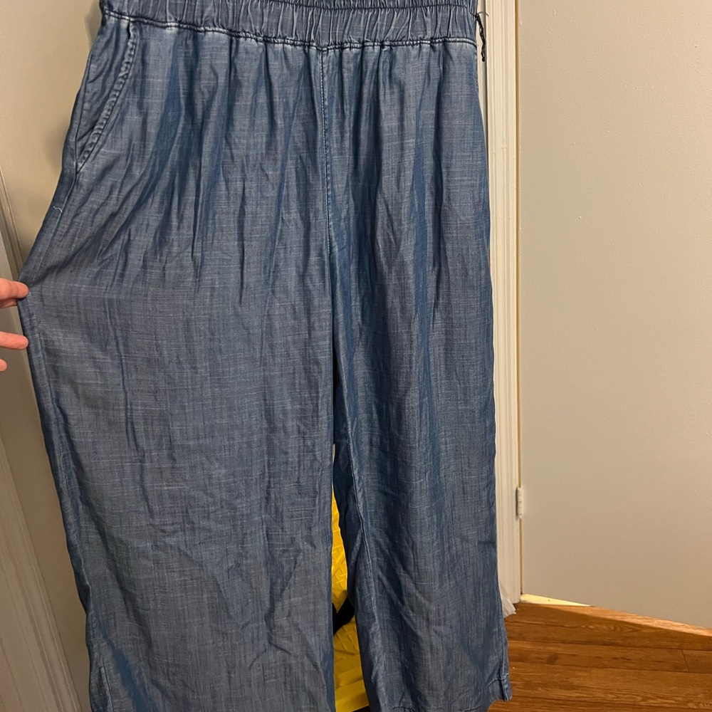 Chambray Denim Wide-Leg Pants